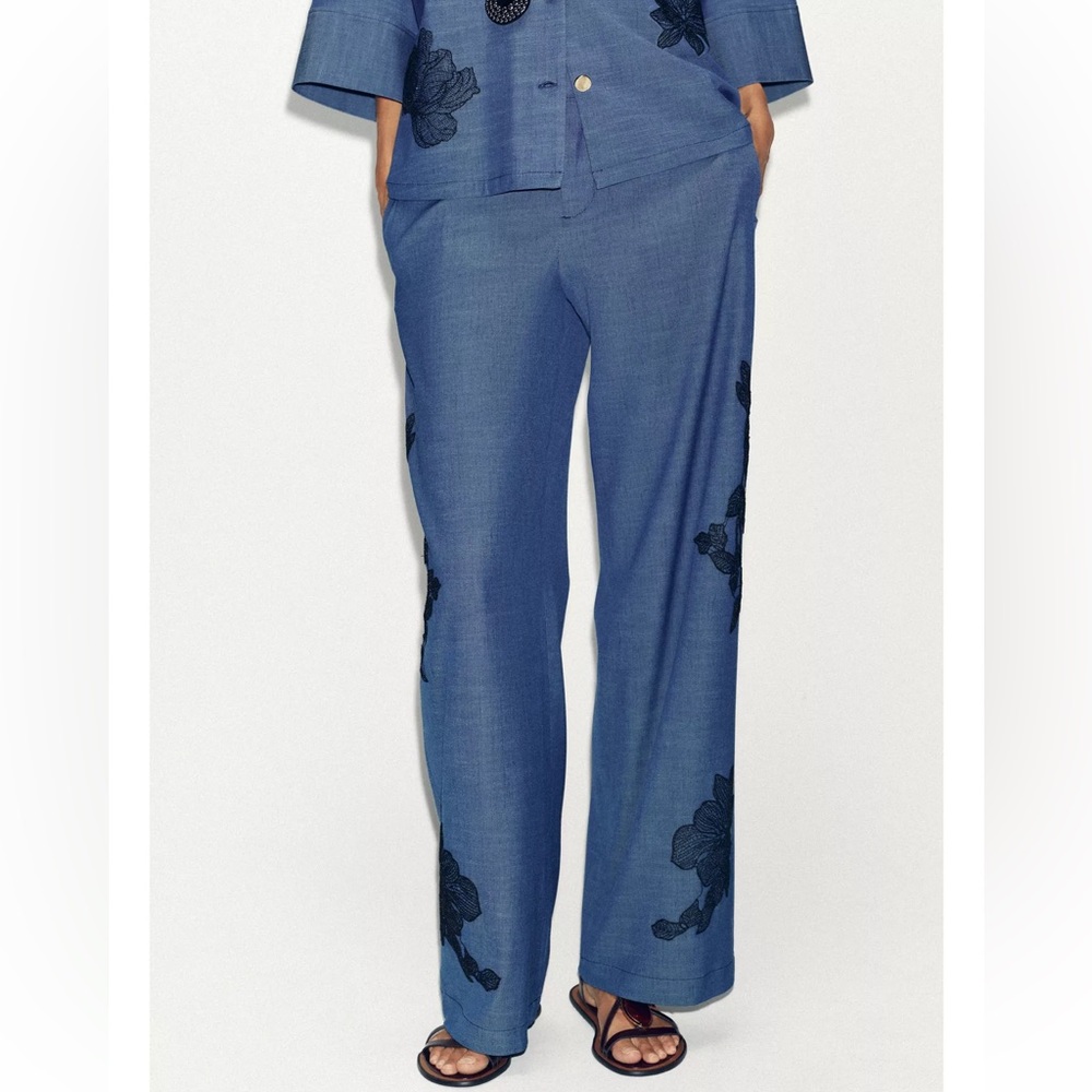 Zara 2 Piece Matching Set Floral Kimono Shirt & Wide Leg Pants Denim Blue NWT - Picture 6 of 13
